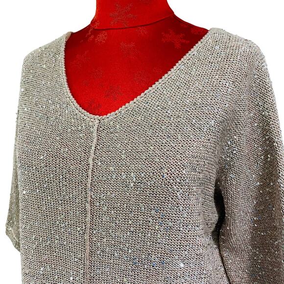 WD NY Sparkle Sweater Size L Casual Slouchy Sequins Chic Lux Elegant Blush Beige - Picture 2 of 10